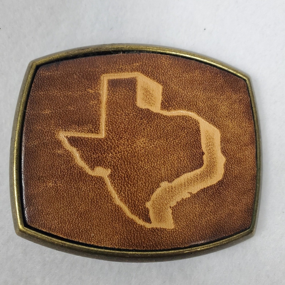 Vintage El Cid Texas‎ State Map Leather Inlay Brass Tone Belt Buckle Western